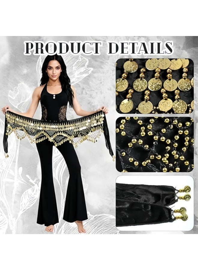 حِرَاس حزام الرقص الشرقي للورك مع 300 قطعة معدنية | مناديل رقص مصري ذهبية قابلة للتعديل للنساء | أسود لفعاليات وهزاز الوسط - Image 3